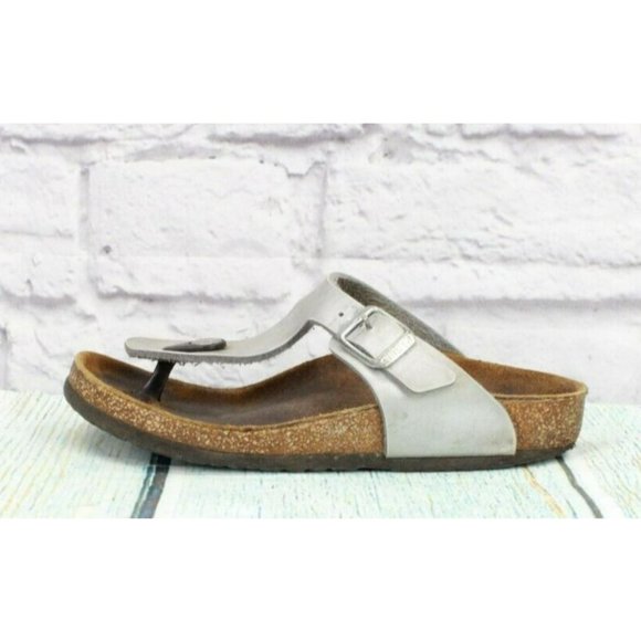 Birkenstock Shoes - Birkenstock  Silver Leather Slip On T-Strap Thong Flip Flop Size 5